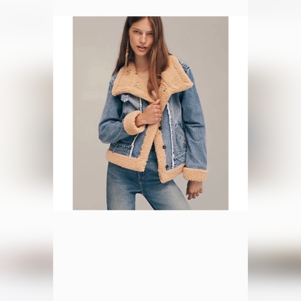 Free People Rylee Cozy Moto Sherpa Faux Fur Denim Jacket Womens - Picture 4 of 9